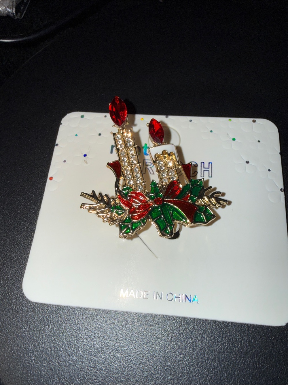 Mint Gold-Tone Candle Brooch with Red and Green Enamel
